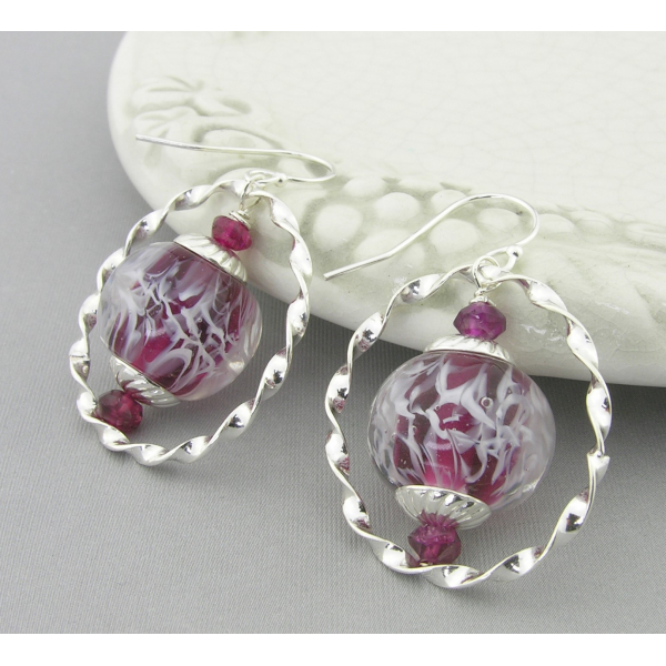 Ringed Garnet Wisps Earrings - handmade, artisan lampwork, sterling silver red white twisted ring srajd cserpentDesigns january birthstone