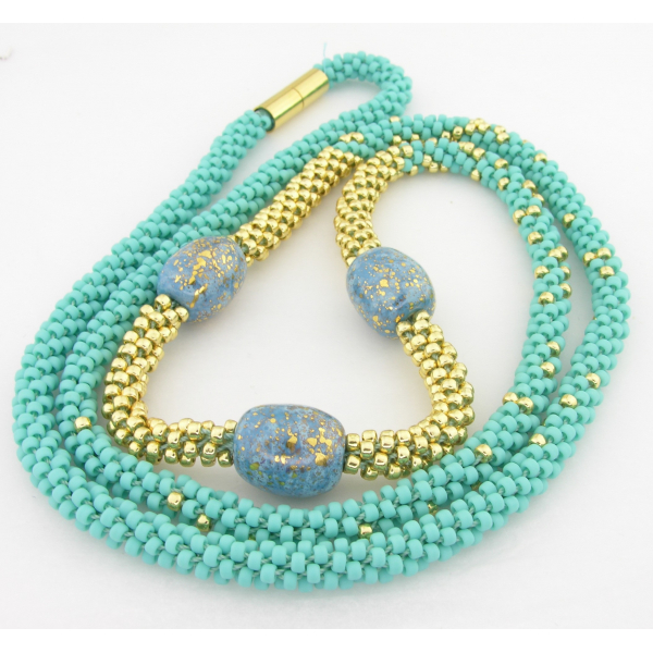 Turquoise and Gold Kumi Necklace - gold turquoise Kazuri ceramic artisan srajd cserpentDesigns