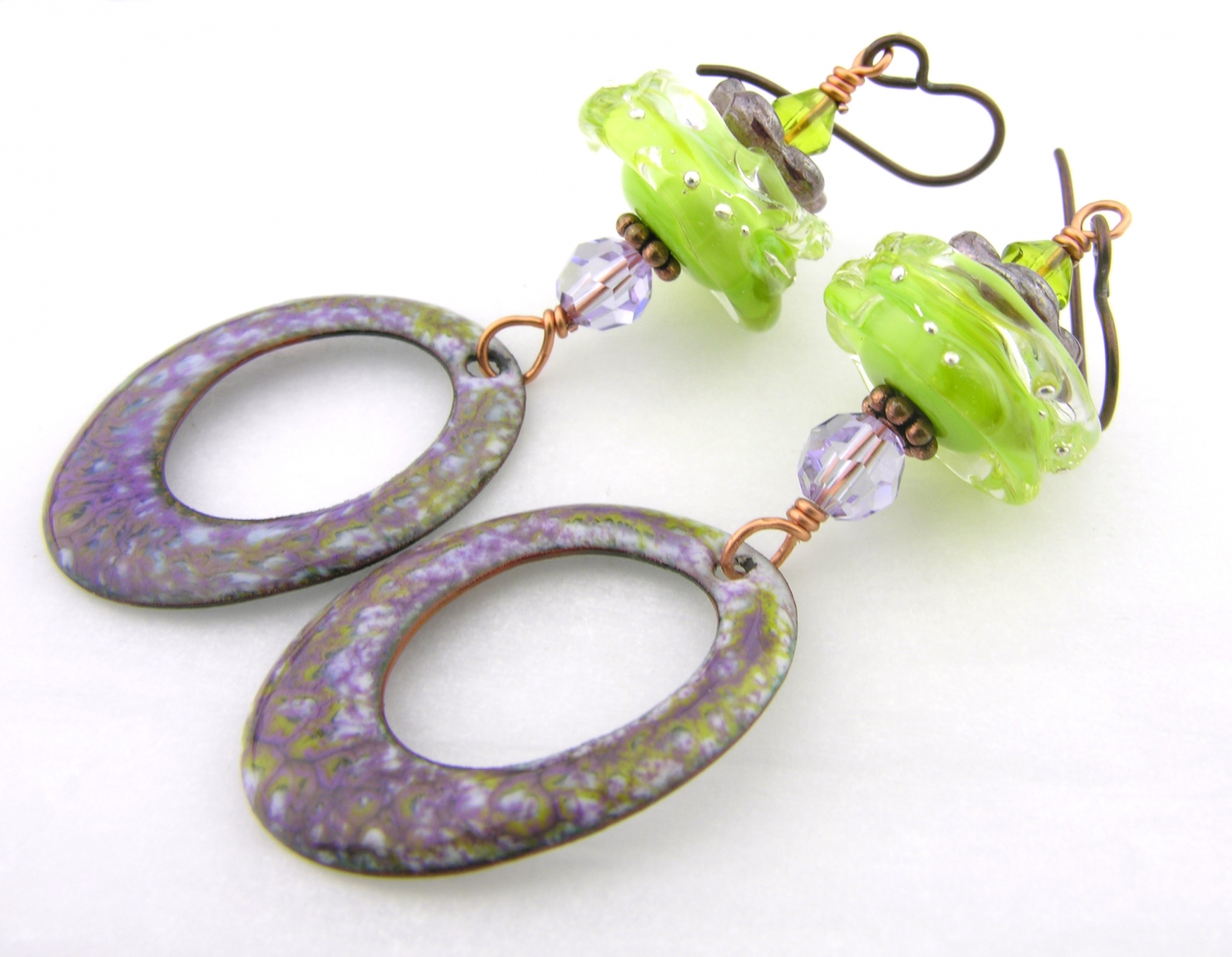 Lime and Purple Earrings - handmade artisan copper lime green purple enamel lampwork glass lavendar Swarovski crystals copper srajd cserpentDesigns