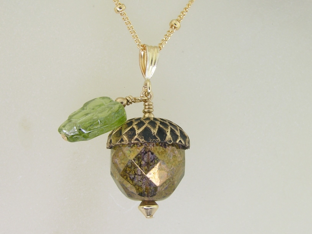 Golden Acorn Gold Necklace - transparent green czech glass leaf handmade  artisan gold fill fall autumn srajd cserpentDesigns