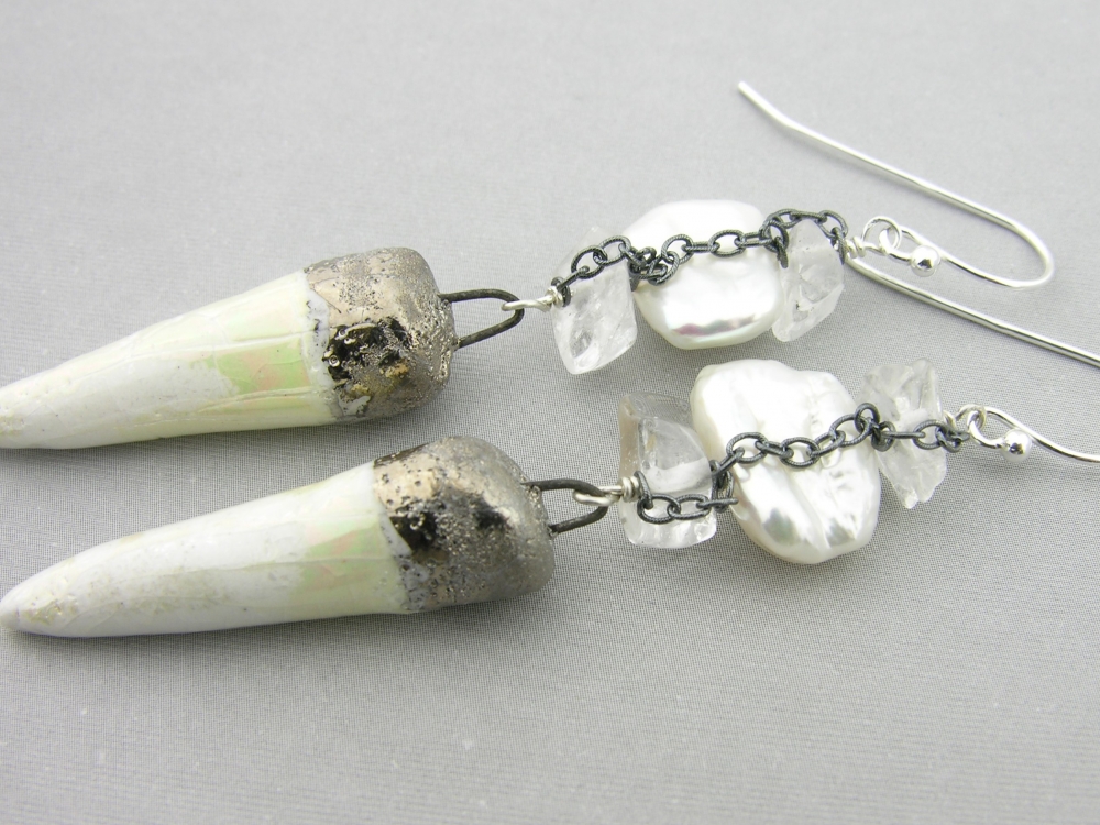 Winter White Spikes Earrings white freshwater pearl porcelain spike crystal quartz gemstone