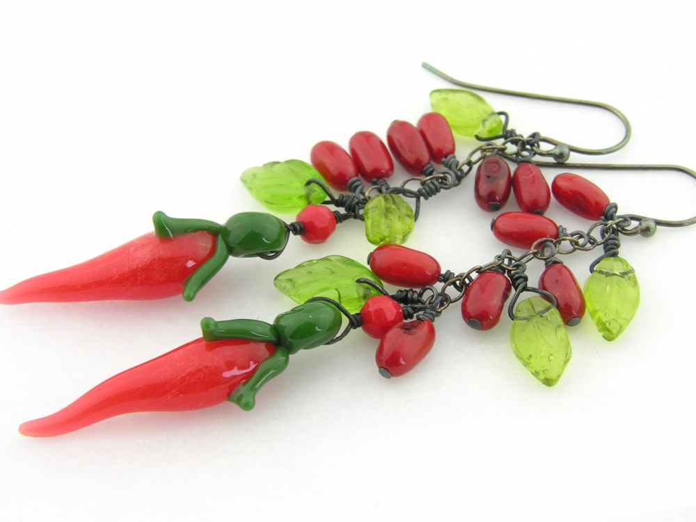 Red Chili Peppers Earrings handmade, artisan lampwork hot pepper