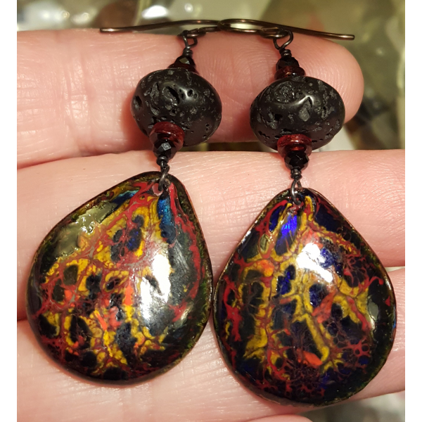 Artisan made organic crackle enamel on copper lava black spinel garnet earrings