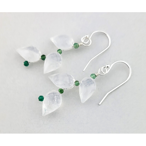 Crystal quartz faceted drops with accents in tourmaline green onyx and sterling
