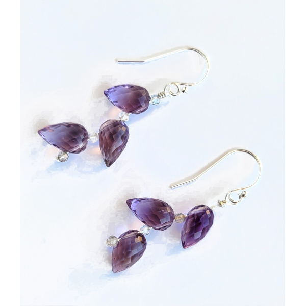 Amethyst faceted drops with accents in crystal quartz, moonstone and sterling