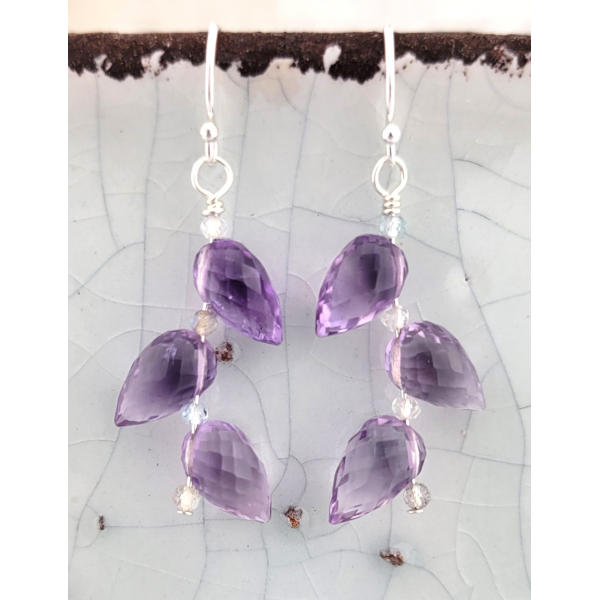 Amethyst faceted drops with accents in crystal quartz, moonstone and sterling