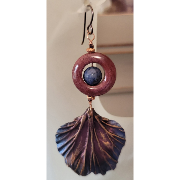 Artisan blue rose copper earrings with polymer leaf mookaite dumortierite