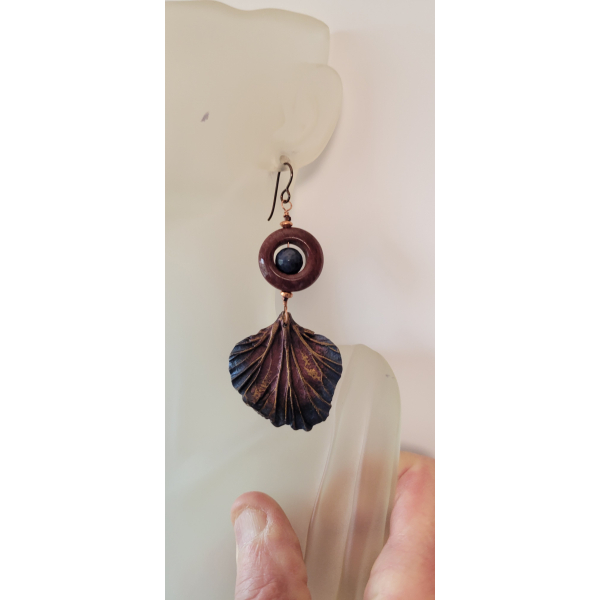 Artisan blue rose copper earrings with polymer leaf mookaite dumortierite