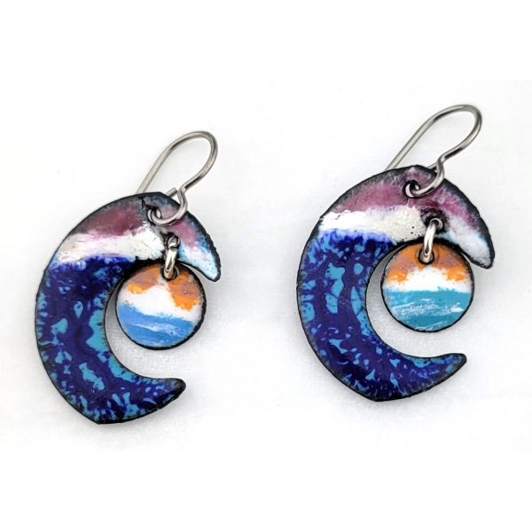 Artisan made enamel on copper earrings inspired by the San Diego Wave logo