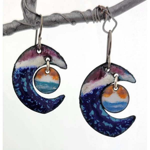 Artisan made enamel on copper earrings inspired by the San Diego Wave logo