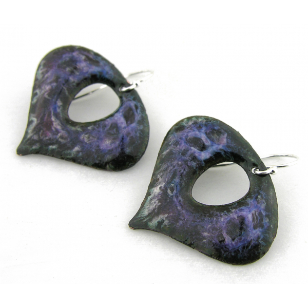 Purple, black enamel on copper earrings inverted drop