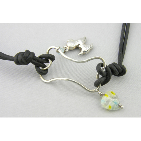 Handmade wire bone bracelet with sterling silver dog charm leather aquamarine