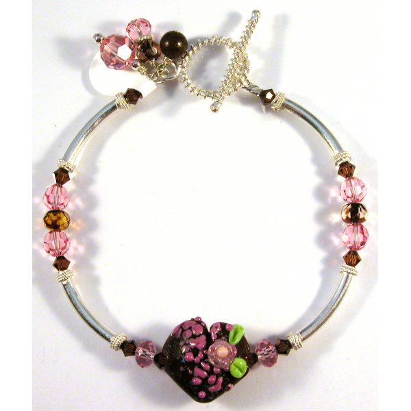 Handmade bracelet pink brown artisan lampwork heart sterling silver