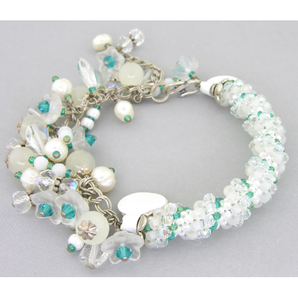 Handmade woven bracelet in white clear teal sterling silver twist crystal pearl