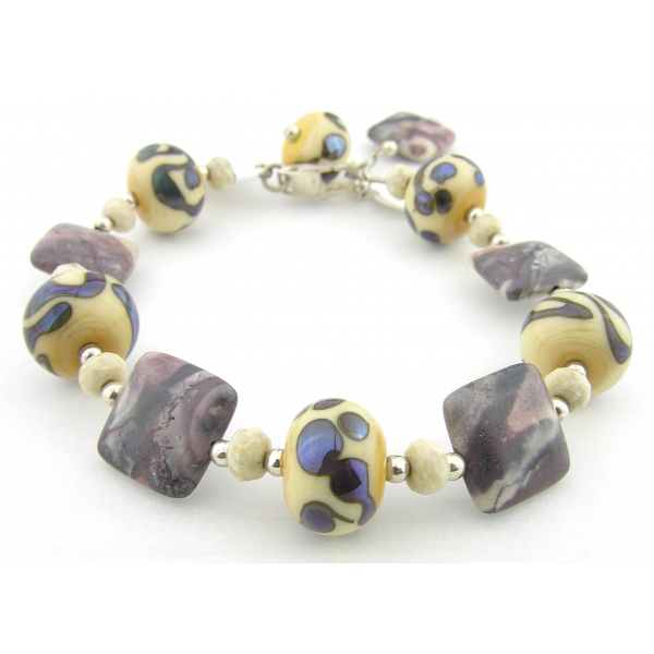 Handmade bracelet purple ivory jasper gemstone artisan lampwork sterling silver