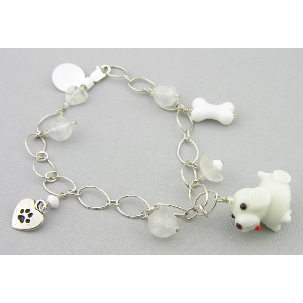 Handmade dog charm bracelet in white sterling silver crystal quartz flower heart