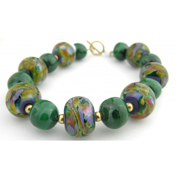 Handmade bracelet green purple artisan lampwork malachite gold fill