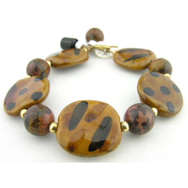 Handmade bracelet brown black picture jasper gemstone kazuri ceramic gold fill