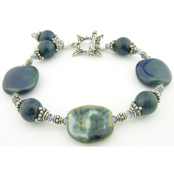Handmade bracelet teal apatite gemstones kazuri ceramic sterling silver