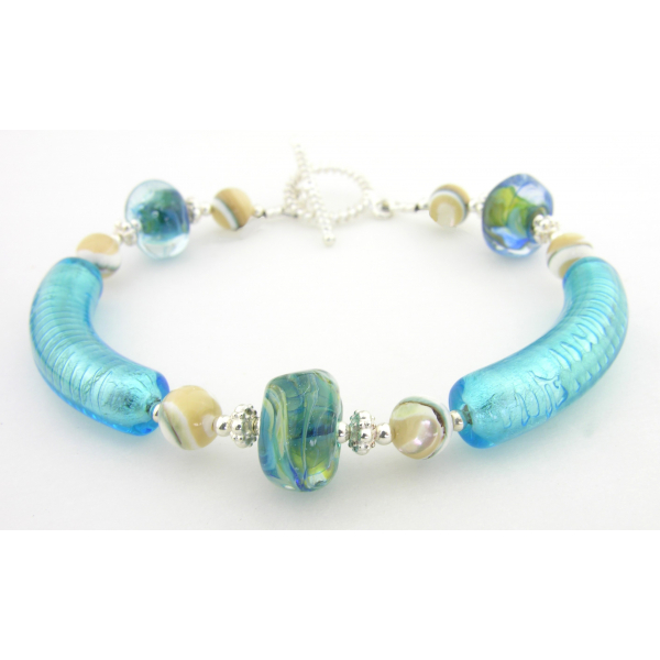 Handmade bracelet aqua sand beige shell gemstones lampwork sterling silver