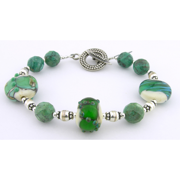 Handmade bracelet turquoise teal artisan lampwork gemstones sterling silver