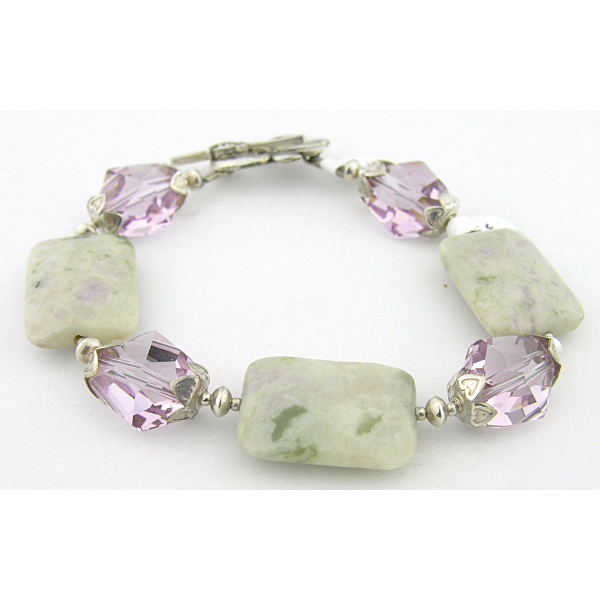 Handmade bracelet light green jasper lavendar crystal gemstones sterling silver