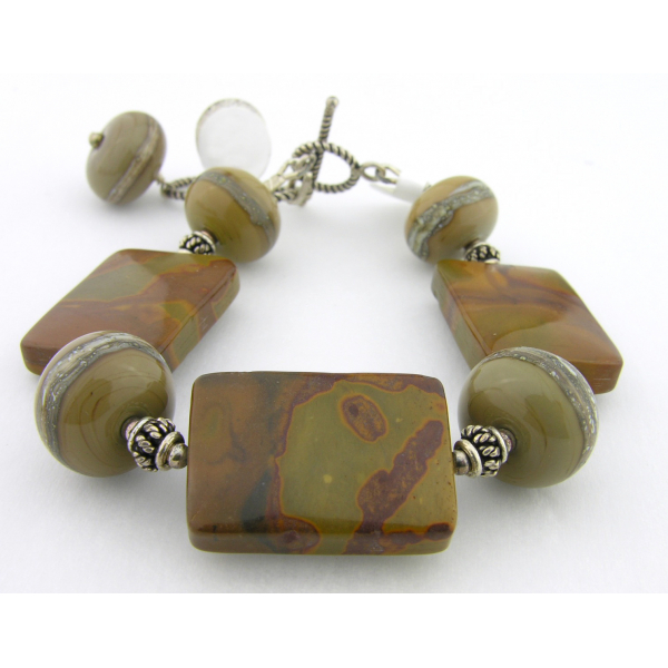 Handmade bracelet olive green brown jasper gemstones lampwork sterling silver