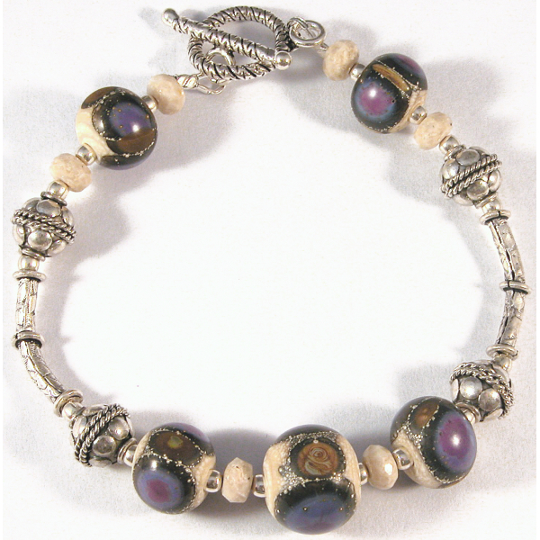 Handmade bracelet purple ivory brown gemstone artisan lampwork sterling silver