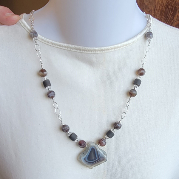 Artisan made botswana agate sterling silver necklace & crystal quartz lampwork