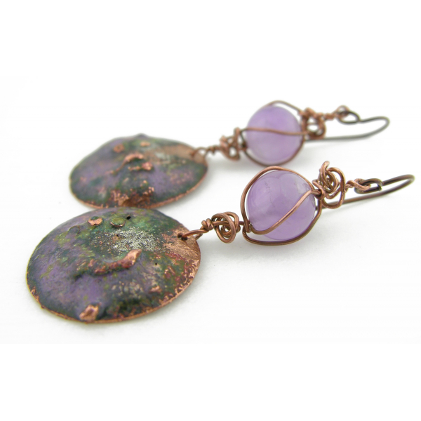 Artisan made reticulated enameled copper drops and amethyst earrings