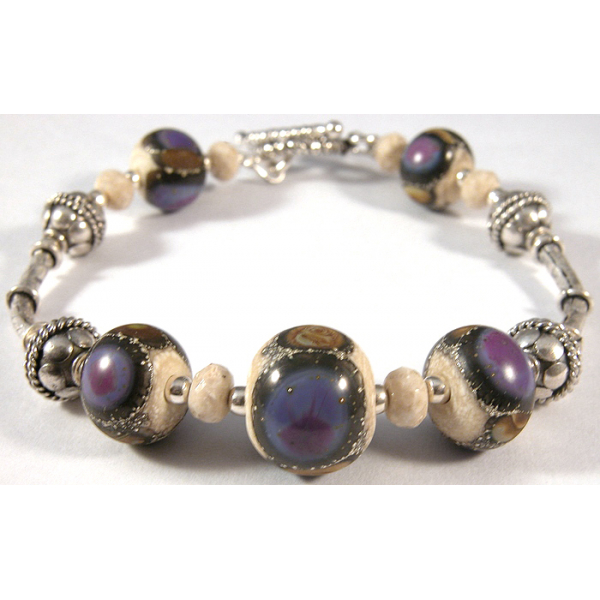 Handmade bracelet purple ivory brown gemstone artisan lampwork sterling silver