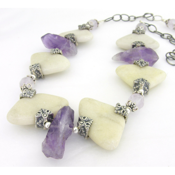 Artisan made statement necklace amethyst marble sterling silver