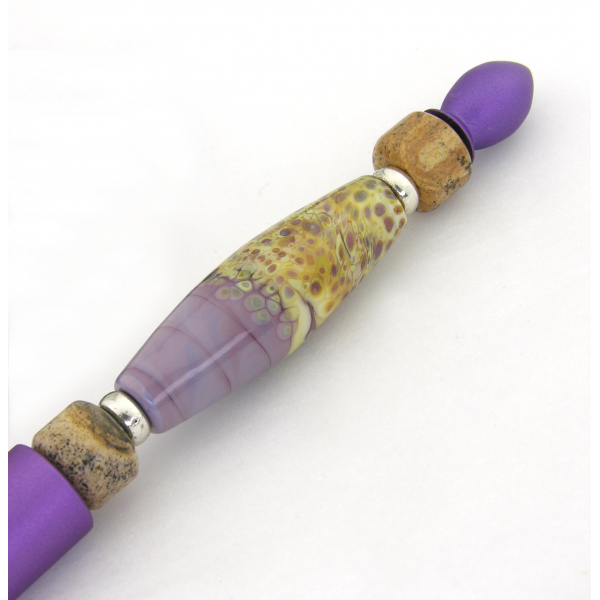 Artisan made purple and beige metal pen with artisan lampwork picture jasper