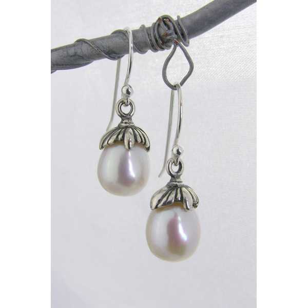 Artisan made sterling petal earrings with AAA white freshwater pearls