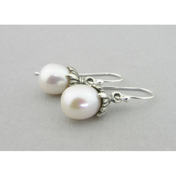 Artisan made sterling petal earrings with AAA white freshwater pearls