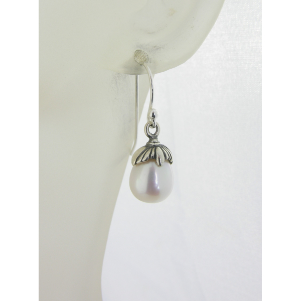 Artisan made sterling petal earrings with AAA white freshwater pearls