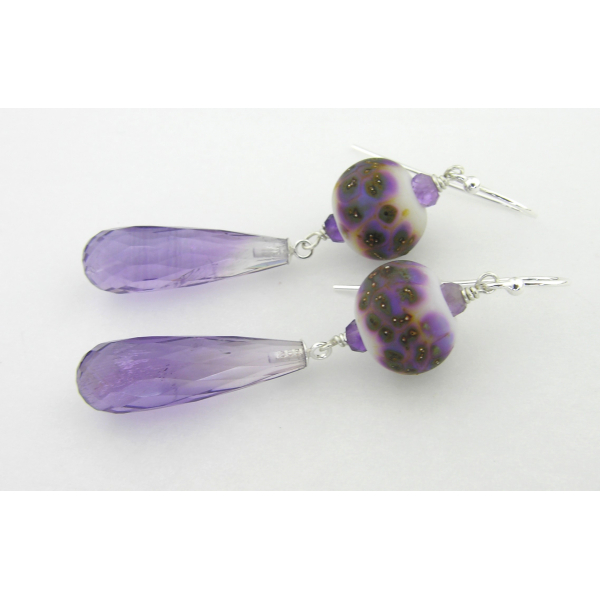 Artisan made sterling earrings with amethyst and purple white lampwork