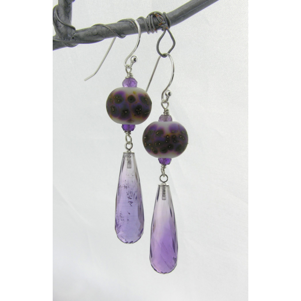 Artisan made sterling earrings with amethyst and purple white lampwork