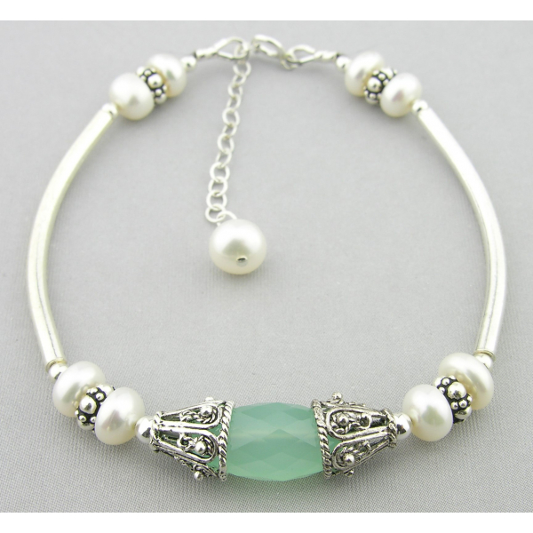 Handmade bracelet aqua chalcedony gemstone white freshwater pearls sterling