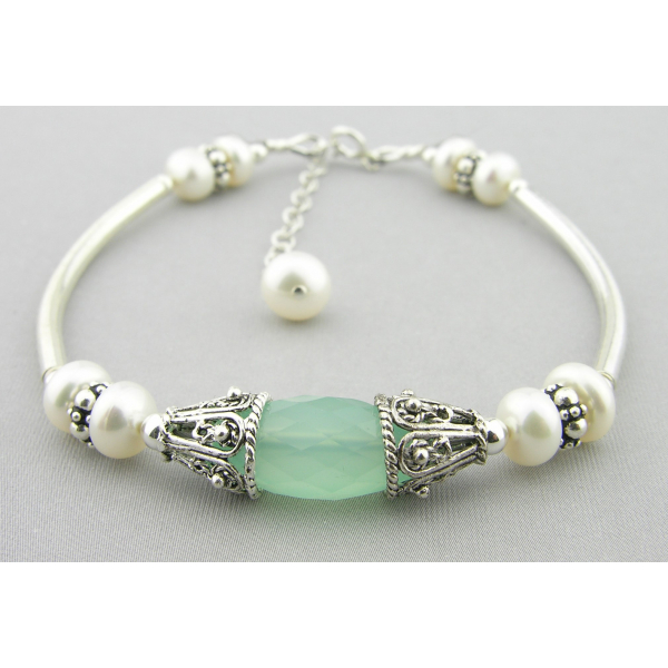 Handmade bracelet aqua chalcedony gemstone white freshwater pearls sterling