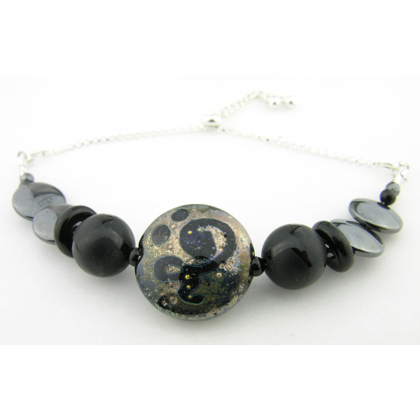 Handmade bracelet black metallic lampwork onyx hematite gemstone sterling