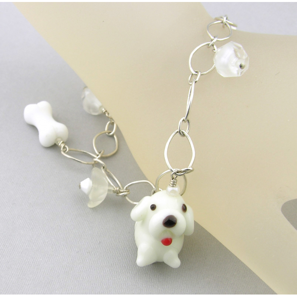 Handmade dog charm bracelet white sterling silver vintage crystal flower heart