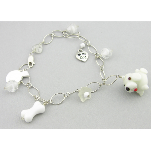 Handmade dog charm bracelet white sterling silver vintage crystal flower heart