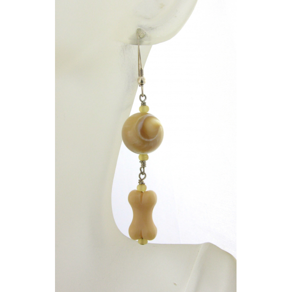 Handmade beige and white earrings with mother of pearl, glass bone, sterling