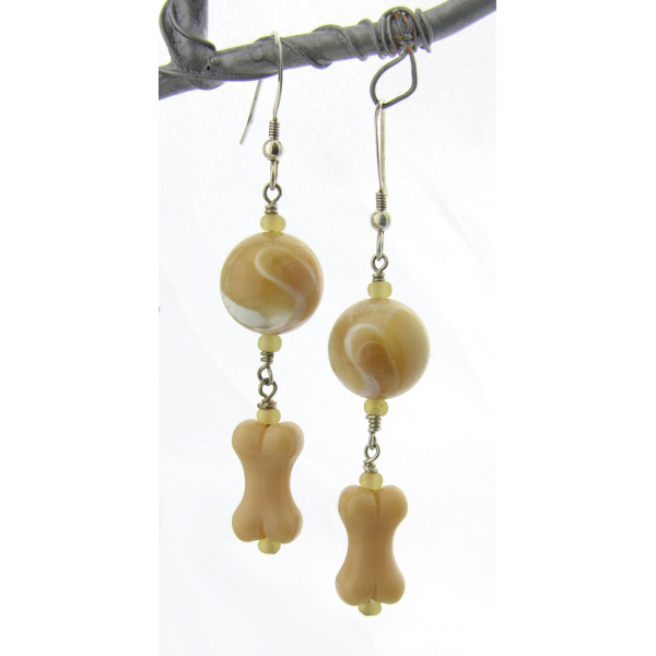 Handmade beige and white earrings with mother of pearl, glass bone, sterling