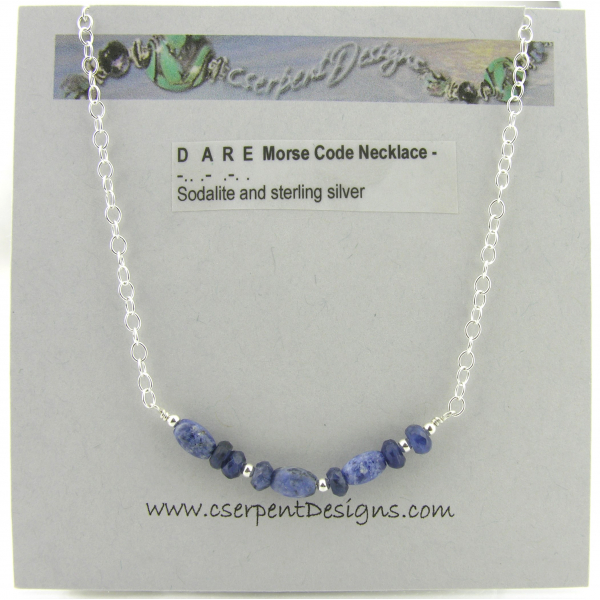 Artisan made sterling silver DARE morse code necklace with sodalite