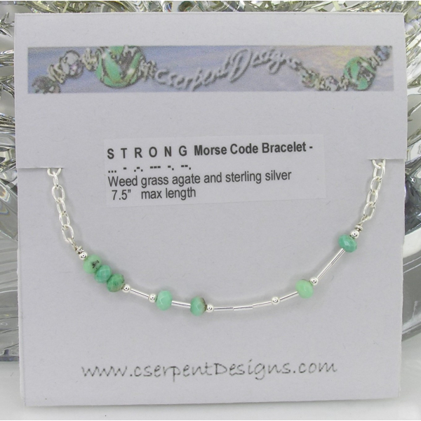 Handmade weed grass agate and sterling silver morse code bracelet strong
