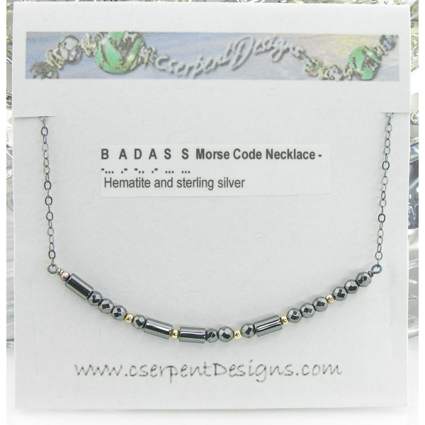 Artisan made sterling silver BADASS morse code necklace with hematite