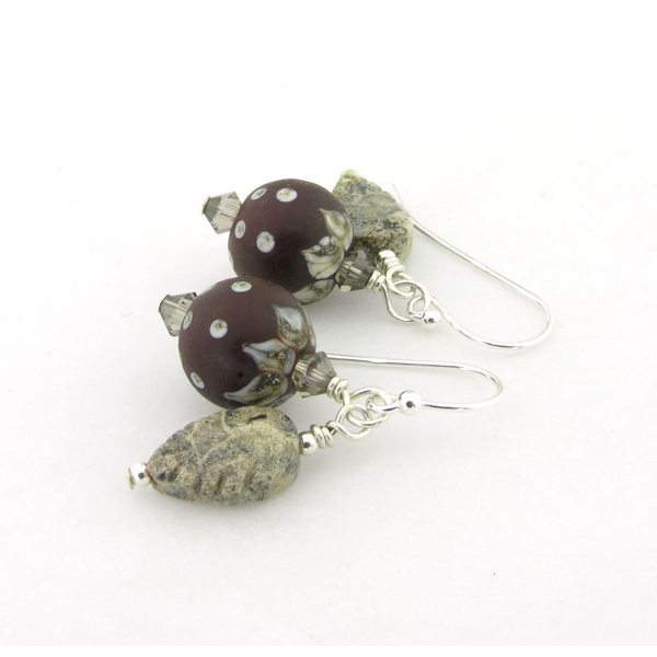 Handmade maroon brown earrings, lampwork, jasper and sterling