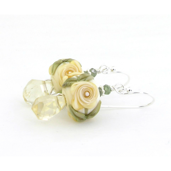 Hand made yellow green earrings flower lampwork glass sapphire citrine, sterling